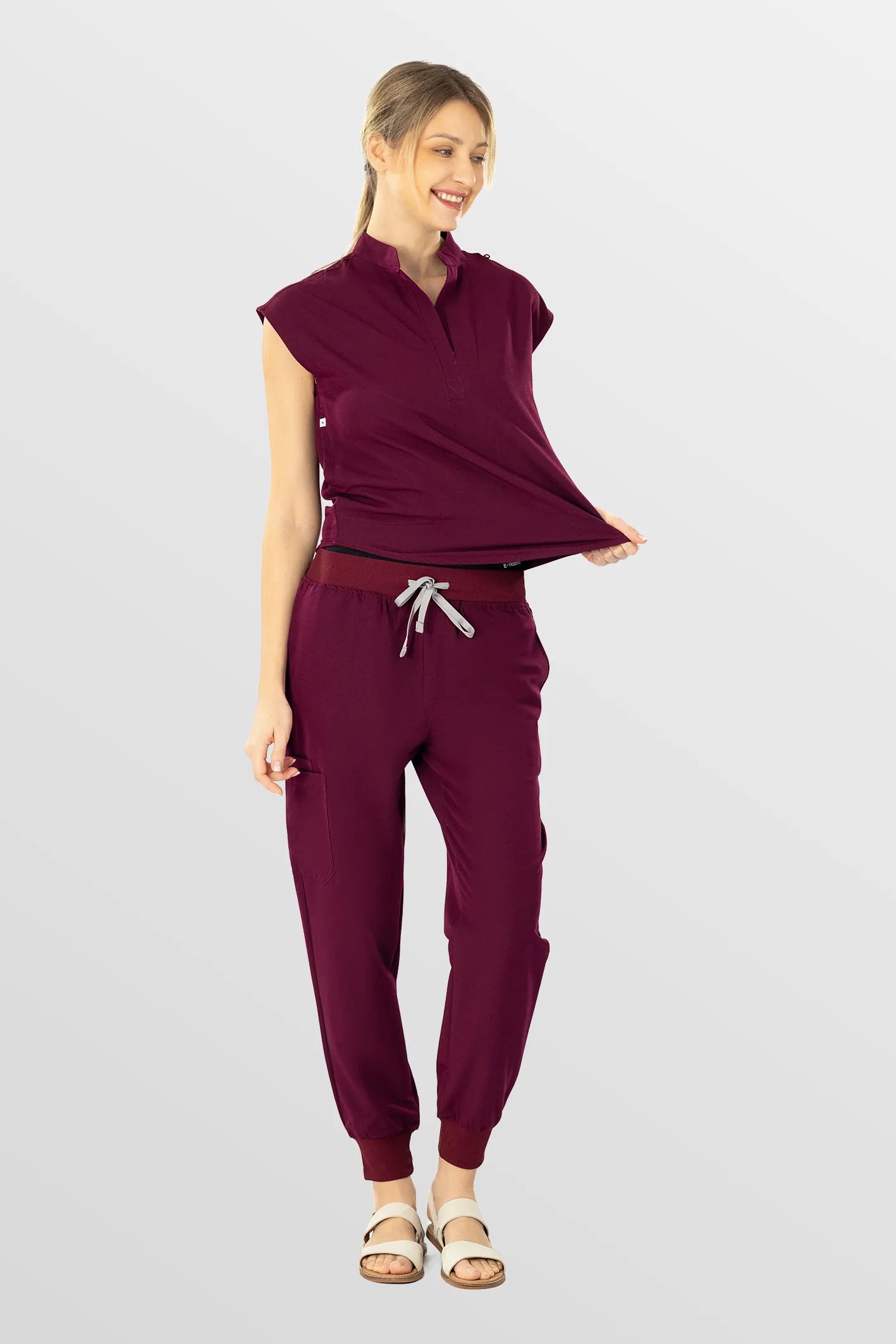 Burgundy Red Eipnare Women's Soft Stretch V-Neck Scrub Top & Tapered Pants Set - Stretch Medical Scrubs for Women