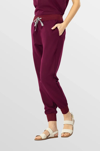 Burgundy Red Eipnare Women's Soft Stretch V-Neck Scrub Top & Tapered Pants Set - Stretch Medical Scrubs for Women