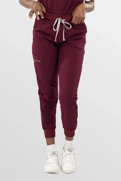 Burgundy Red Eipnare Women's Split V-Neck Cargo Jogger Multi-Pocket Scrub Set - Stretch Medical Scrubs for Women