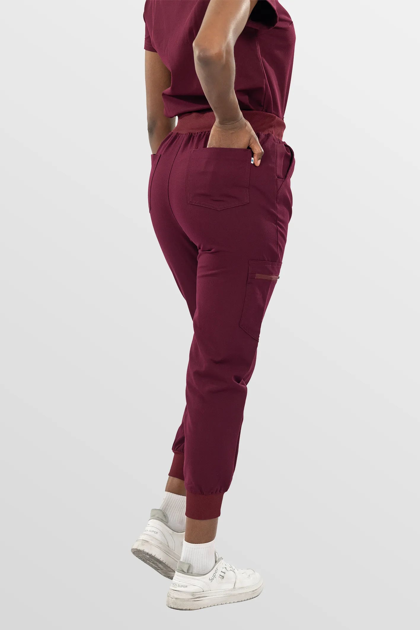Burgundy Red Eipnare Women's Split V-Neck Cargo Jogger Multi-Pocket Scrub Set - Stretch Medical Scrubs for Women