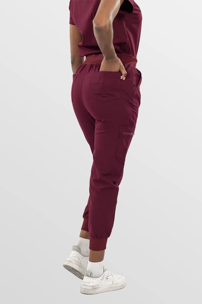 Burgundy Red Eipnare Women's Split V-Neck Cargo Jogger Multi-Pocket Scrub Set - Stretch Medical Scrubs for Women