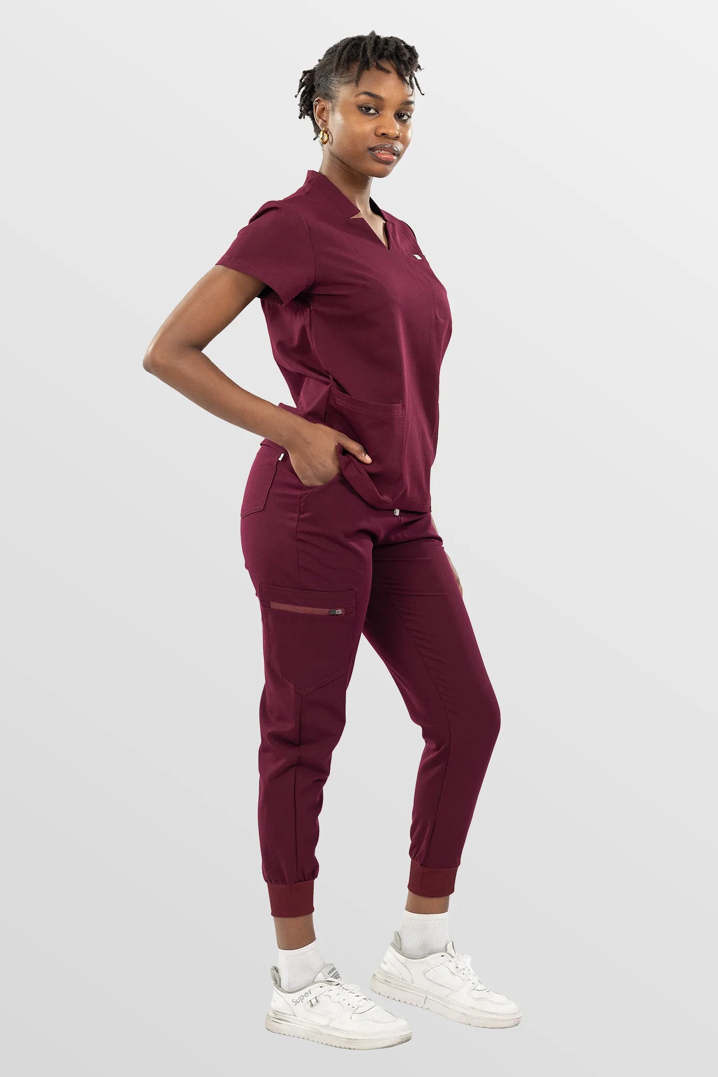 Burgundy Red Eipnare Women's Split V-Neck Cargo Jogger Multi-Pocket Scrub Set - Stretch Medical Scrubs for Women
