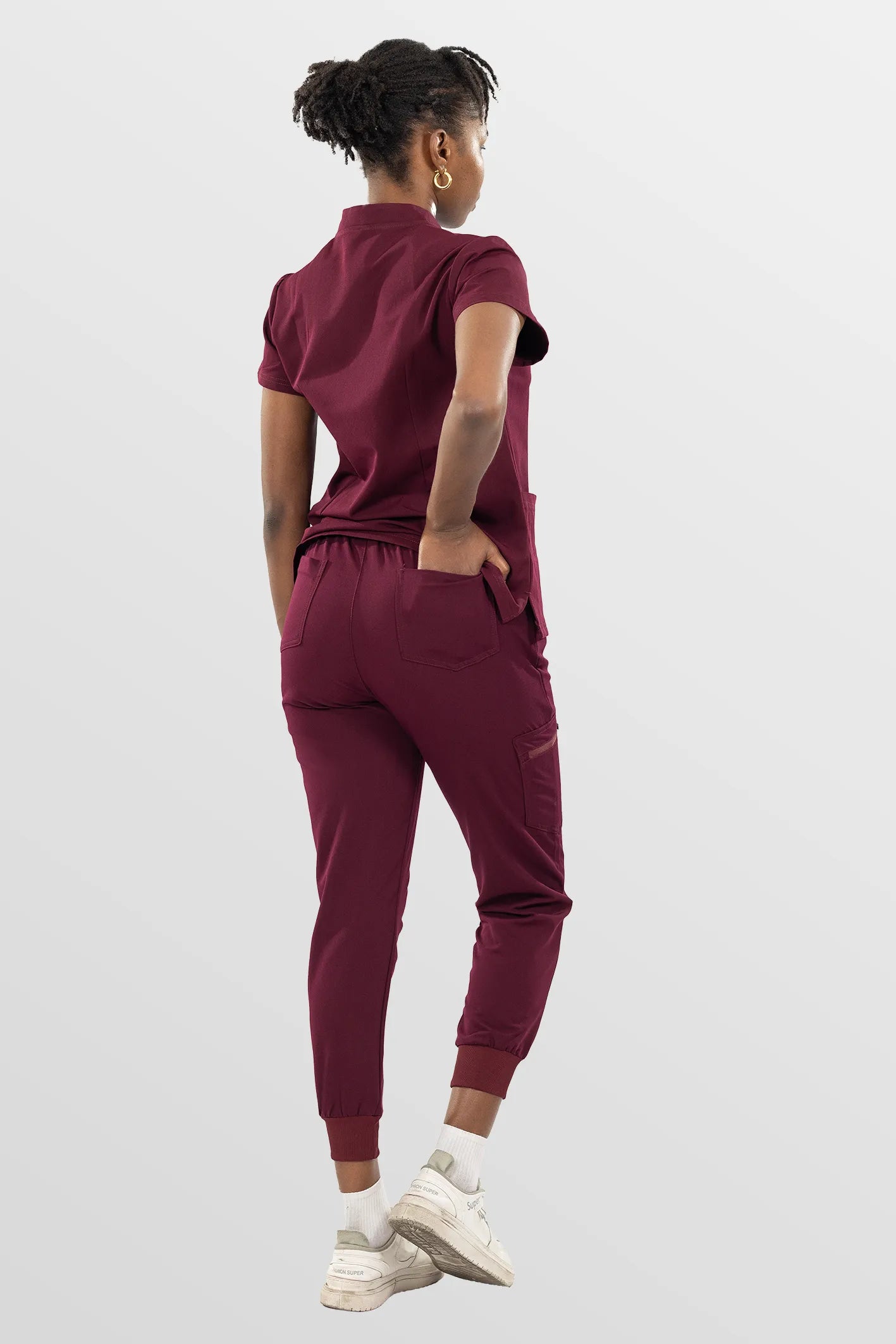 Burgundy Red Eipnare Women's Split V-Neck Cargo Jogger Multi-Pocket Scrub Set - Stretch Medical Scrubs for Women