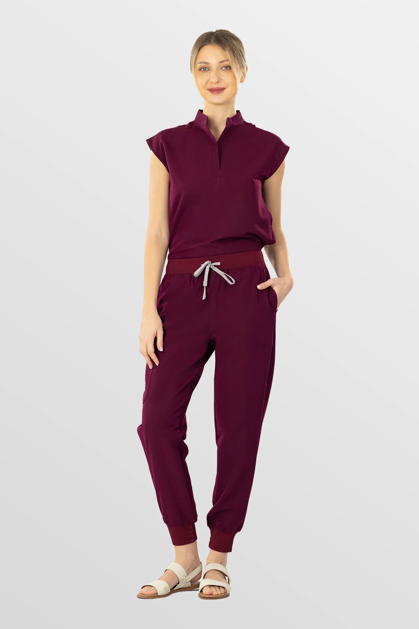 Burgundy Red Eipnare Women's Soft Stretch V-Neck Scrub Top & Tapered Pants Set - Stretch Medical Scrubs for Women