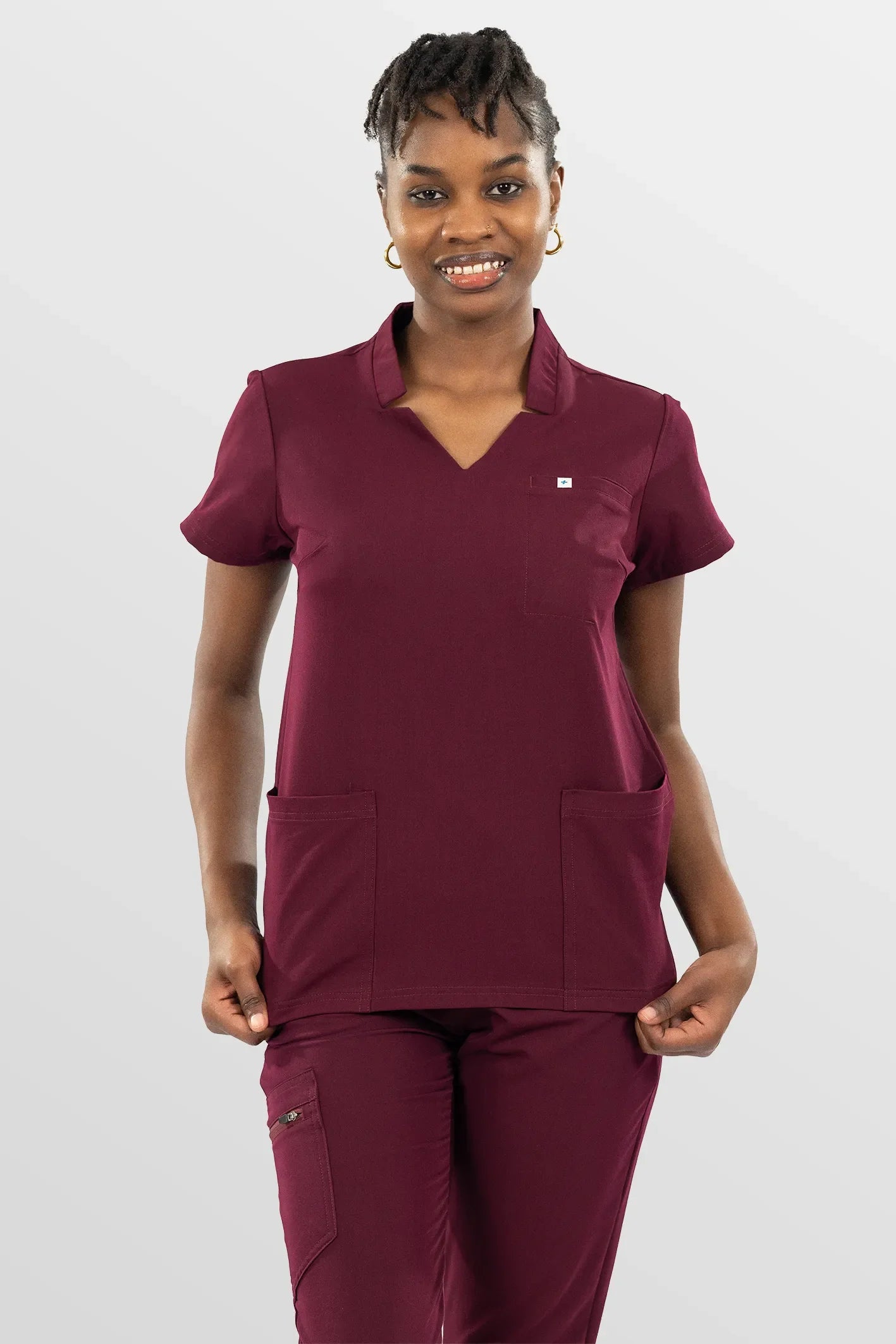Burgundy Red Eipnare Women's Split V-Neck Cargo Jogger Multi-Pocket Scrub Set - Stretch Medical Scrubs for Women