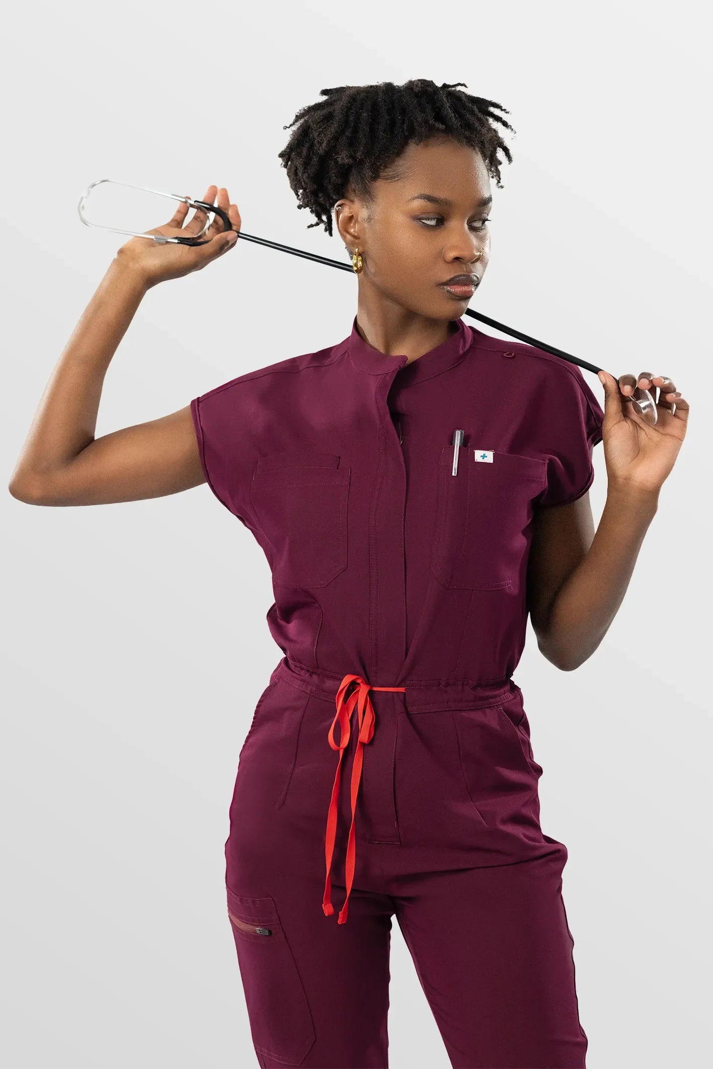 Burgundy Red Eipnare Women's Zip-Front Sleeveless Scrub Jumpsuit - Stretch Medical Scrubs for Women