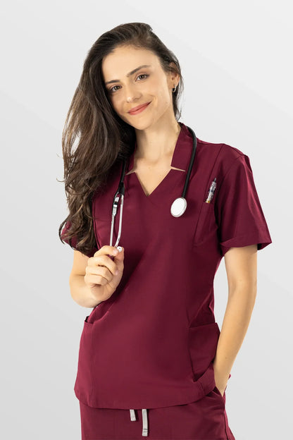 Burgundy Red Eipnare Women's V-Neck Split 9-Pocket Slim Fit Scrub Set - Stretch Medical Scrubs for Women