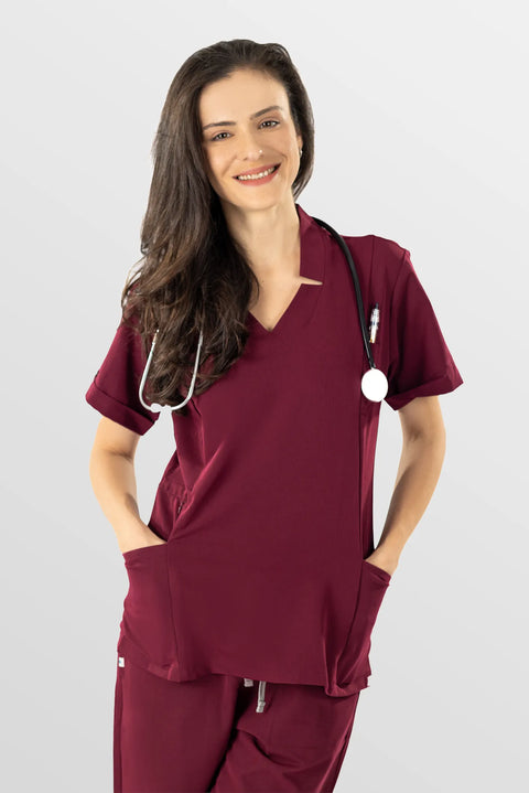 Eadflie Women's Split V-Neck Workwear Top 07 - Burgundy Red