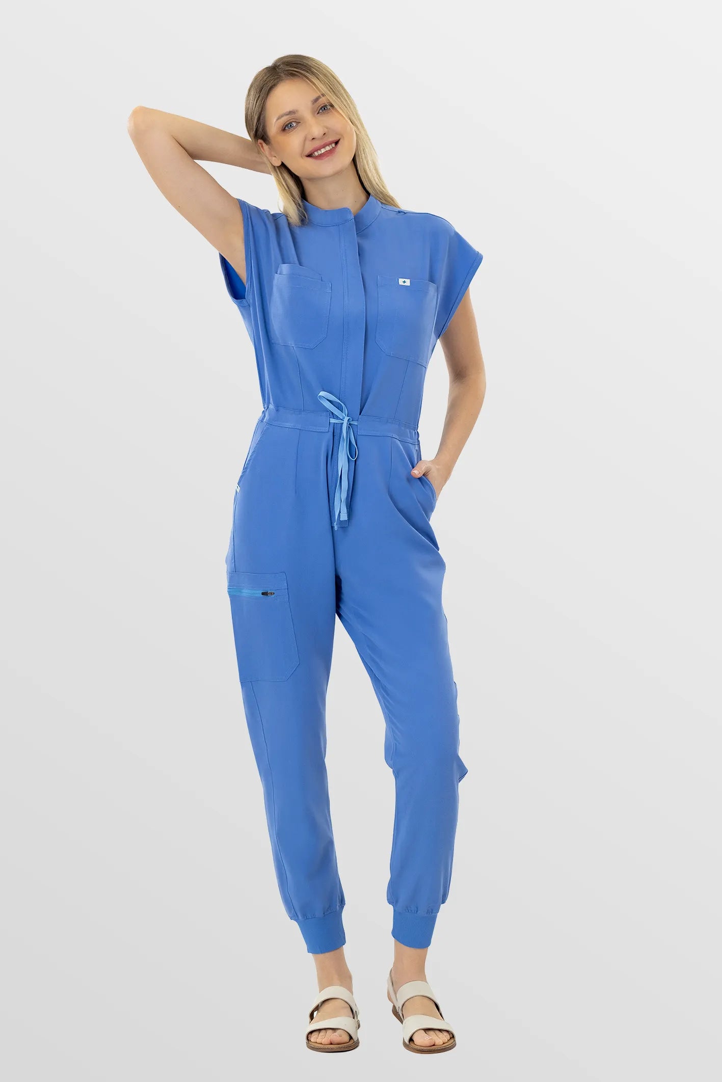 Ceil Blue Eipnare Women's Zip-Front Sleeveless Scrub Jumpsuit - Stretch Medical Scrubs for Women