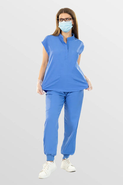 Ceil Blue Eipnare Women's Henley Collar Sleeveless Jogger Scrub Set - Stretch Medical Scrubs for Women