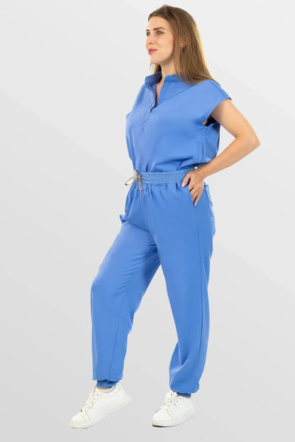 Ceil Blue Eipnare Women's Henley Collar Sleeveless Jogger Scrub Set - Stretch Medical Scrubs for Women