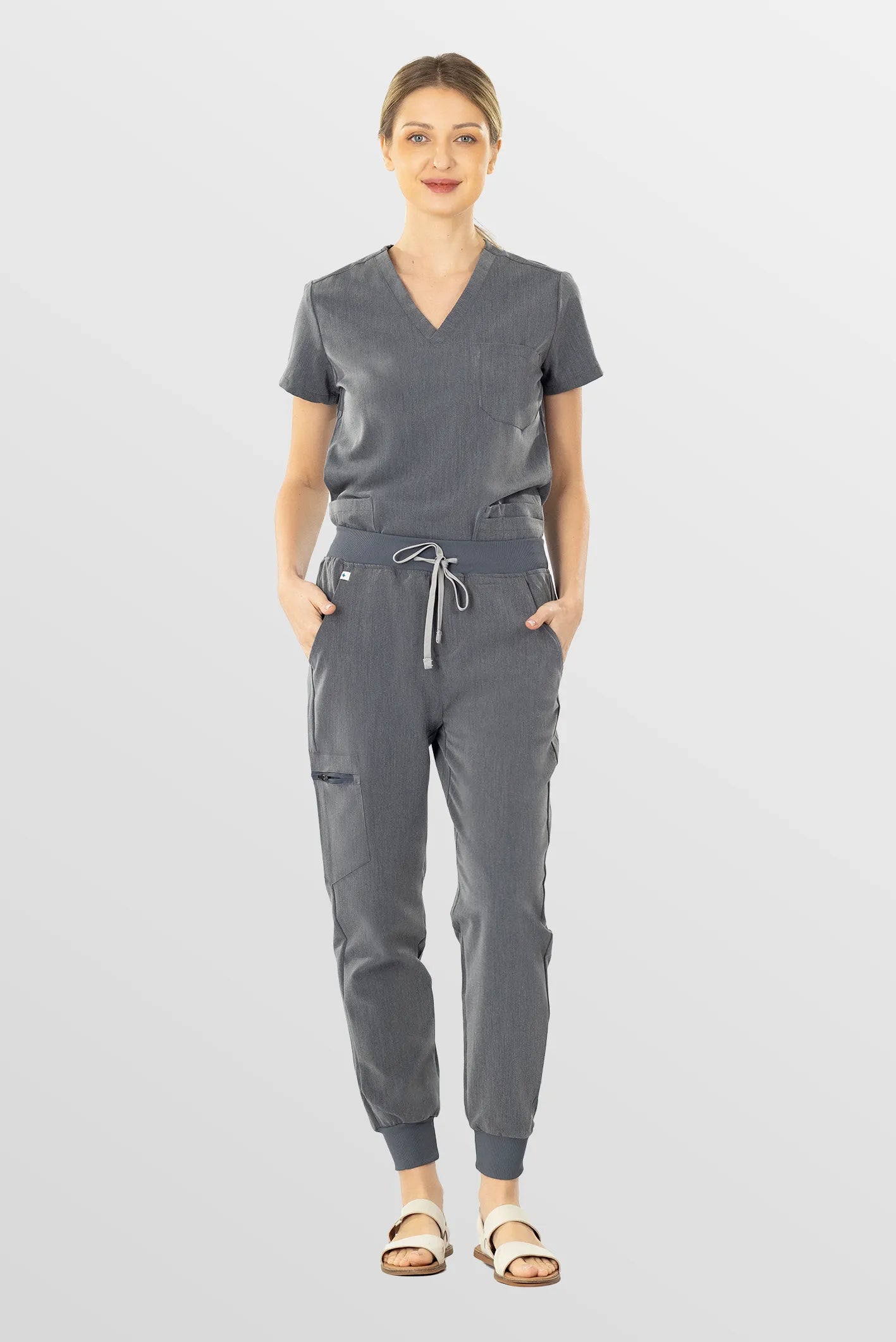 Charcoal Grey Eipnare Women's V-Neck 8-Pocket Jogger Scrub Set - Stretch Medical Scrubs for Women