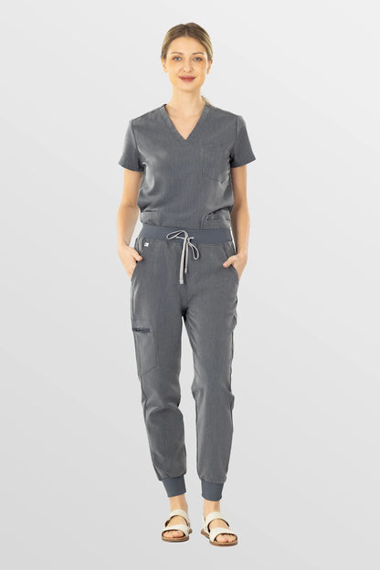 Charcoal Grey Eipnare Women's V-Neck 8-Pocket Jogger Scrub Set - Stretch Medical Scrubs for Women