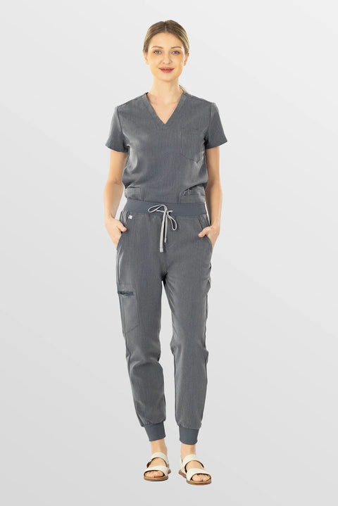Eadflie Women's V-Neck Jogger Workwear Set – 8-Pocket Soft Stretch Two-Piece Uniform 03 - Charcoal Grey