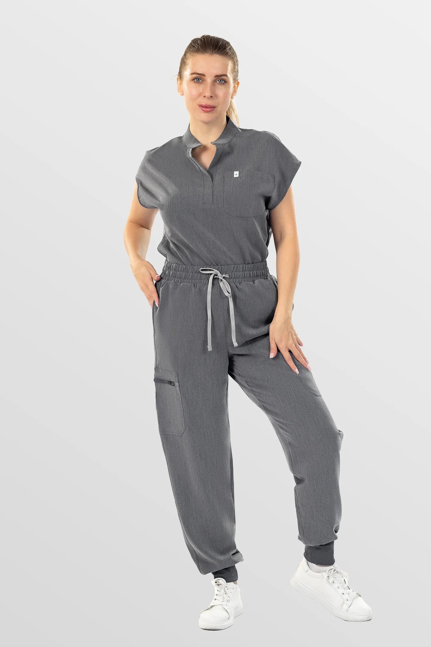 Charcoal Grey Eipnare Women's Henley Collar Sleeveless Jogger Scrub Set - Stretch Medical Scrubs for Women
