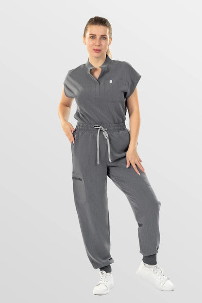 Charcoal Grey Eipnare Women's Henley Collar Sleeveless Jogger Scrub Set - Stretch Medical Scrubs for Women