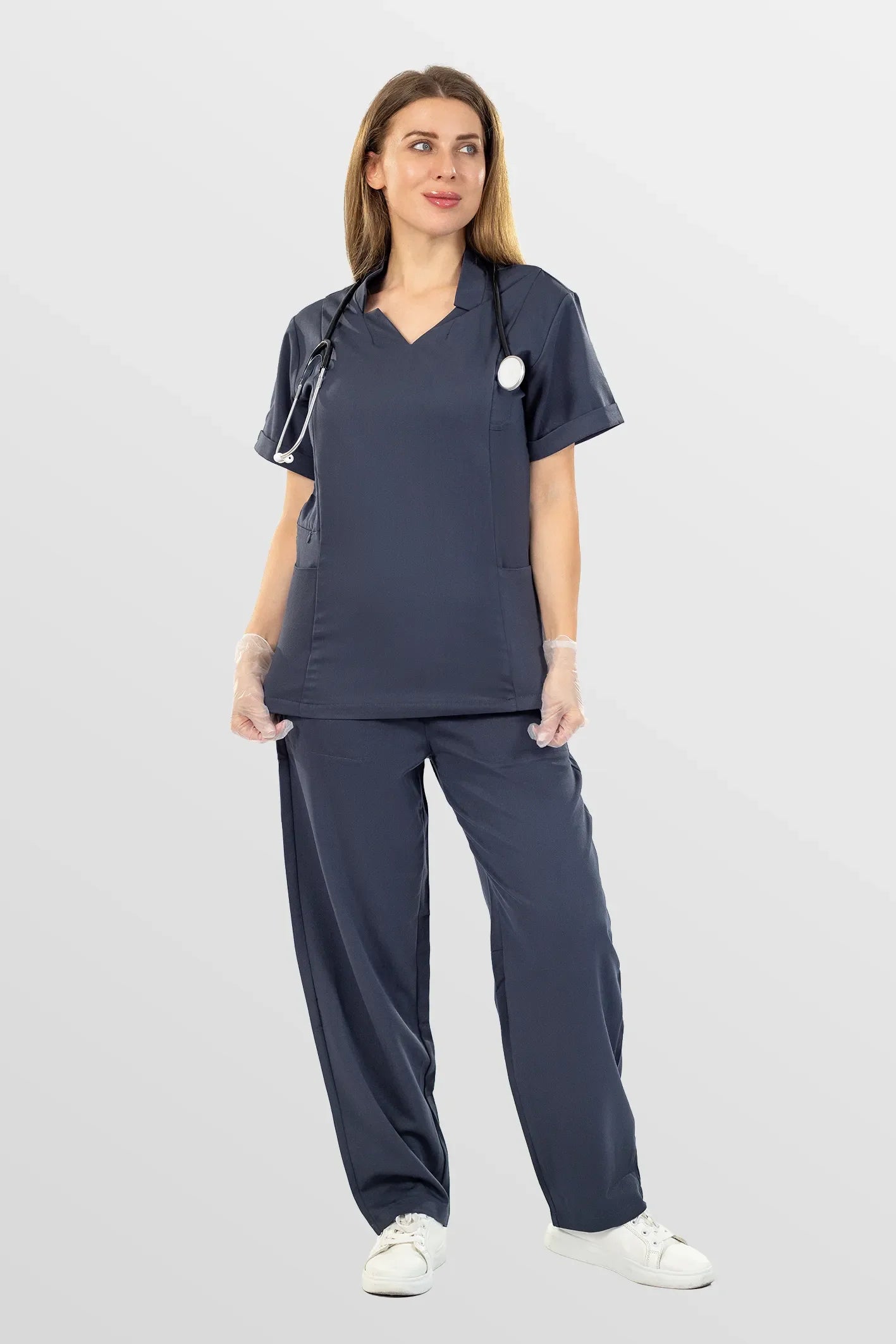 Charcoal Grey Eipnare Women's V-Neck Split 9-Pocket Slim Fit Scrub Set - Stretch Medical Scrubs for Women