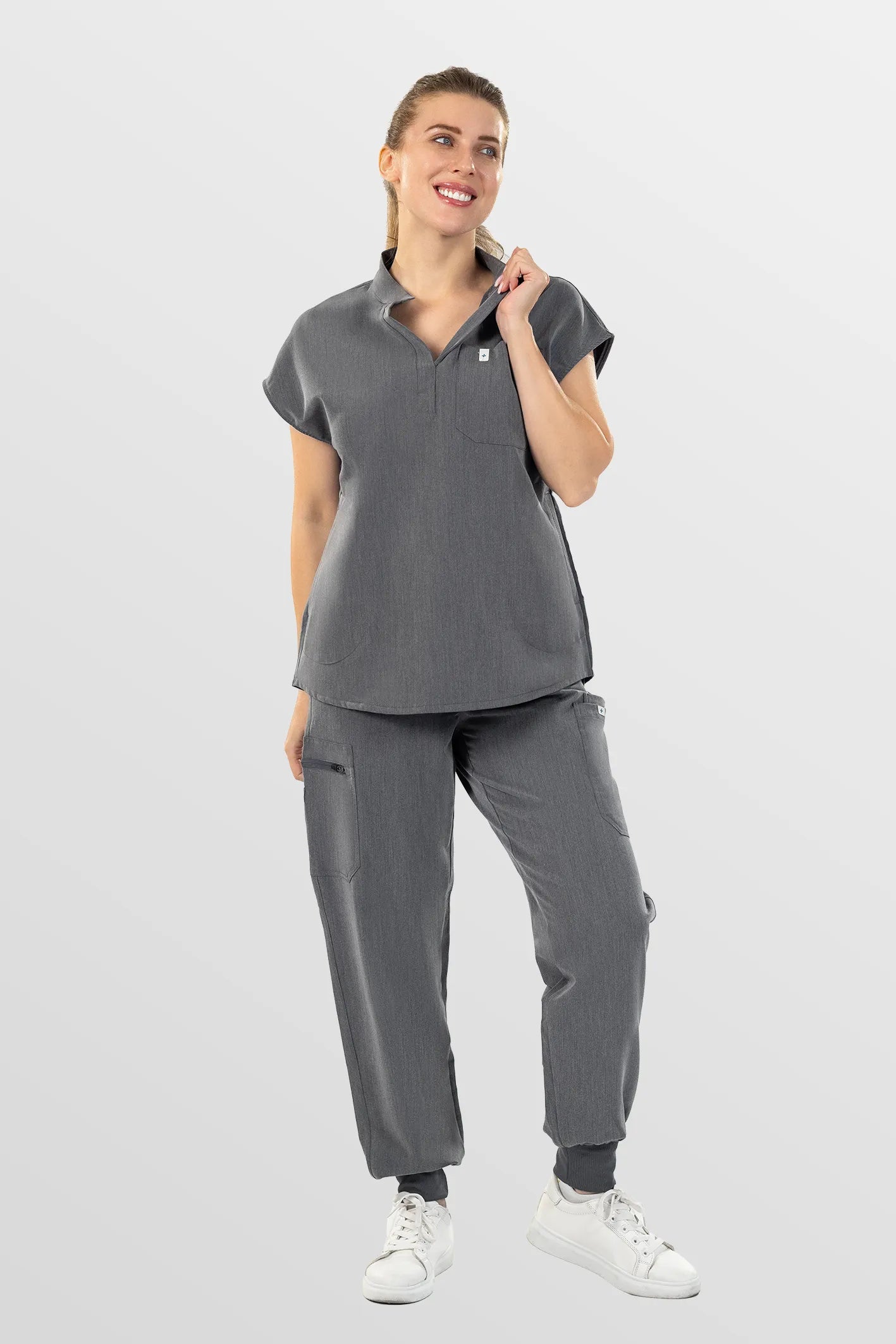 Charcoal Grey Eipnare Women's Henley Collar Sleeveless Jogger Scrub Set - Stretch Medical Scrubs for Women
