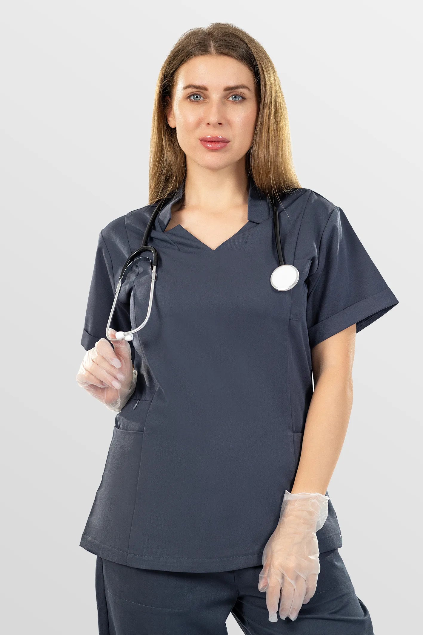 Charcoal Grey Eipnare Women's V-Neck Split 9-Pocket Slim Fit Scrub Set - Stretch Medical Scrubs for Women