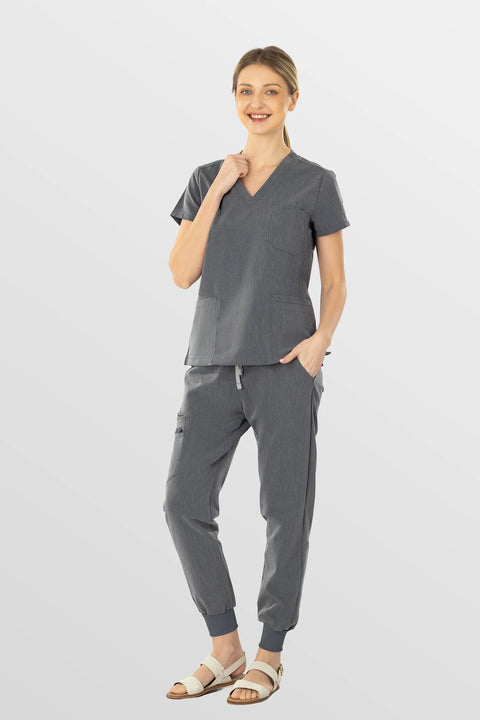 Eadflie Women's V-Neck Workwear Top – Short Sleeve 3-Pocket Soft Stretch Top 03 - Charcoal Grey