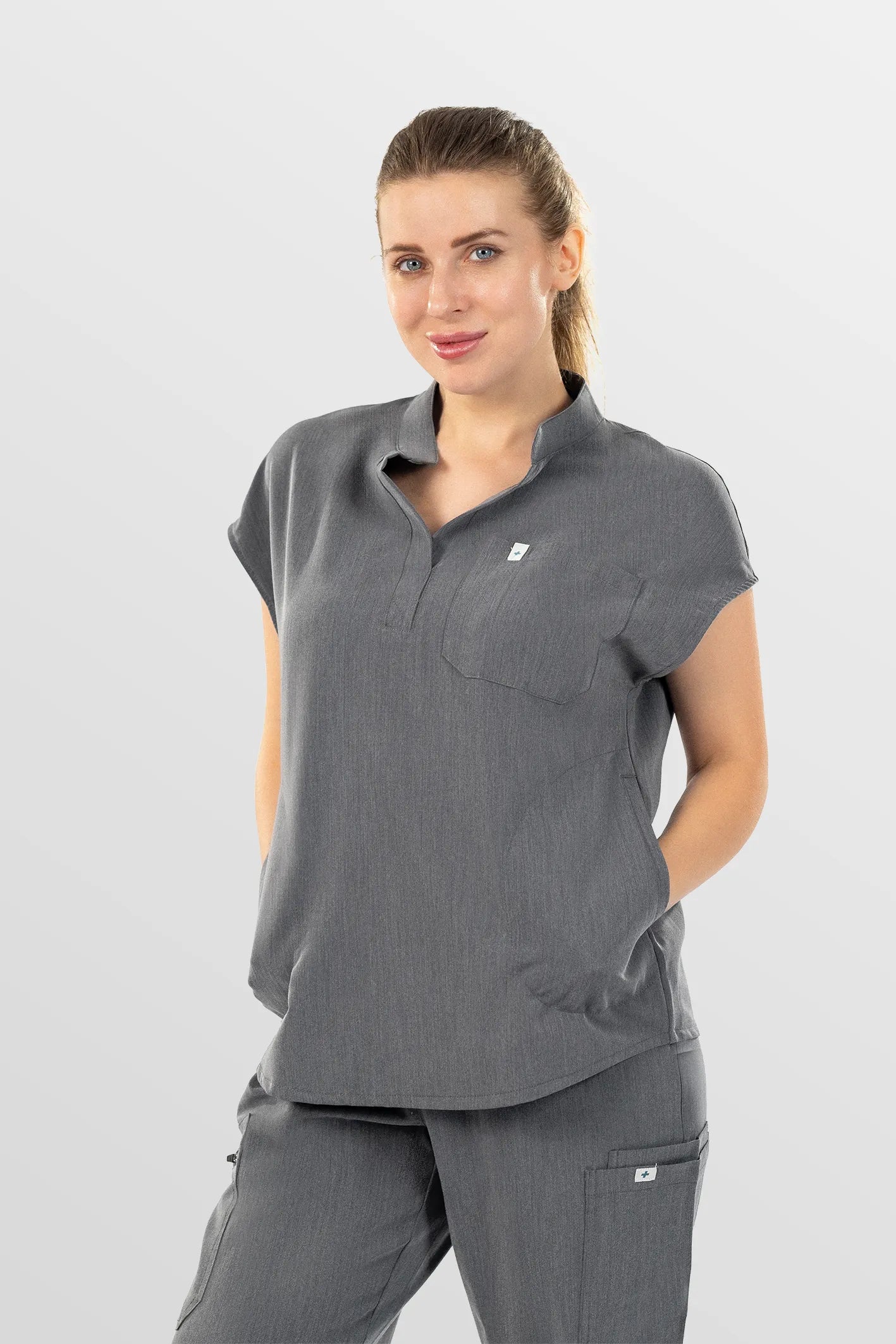 Charcoal Grey Eipnare Women's Henley Collar Sleeveless Jogger Scrub Set - Stretch Medical Scrubs for Women