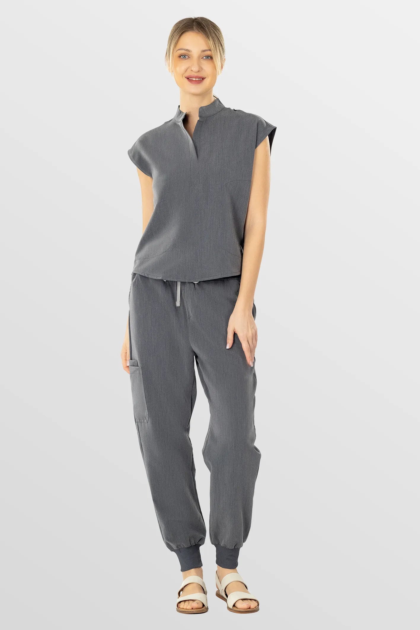 Charcoal Grey Eipnare Women's Soft Stretch V-Neck Scrub Top & Tapered Pants Set - Stretch Medical Scrubs for Women