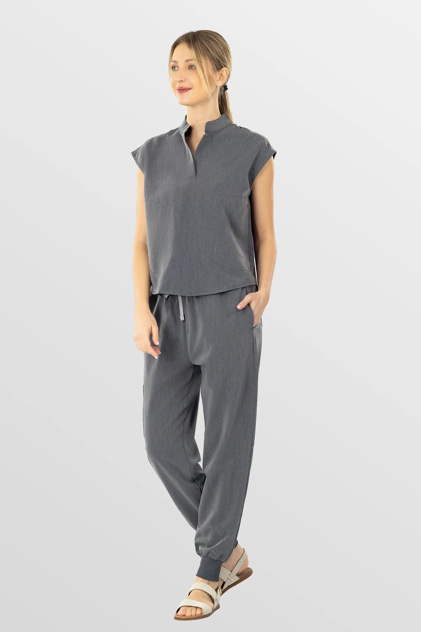 Charcoal Grey Eipnare Women's Soft Stretch V-Neck Scrub Top & Tapered Pants Set - Stretch Medical Scrubs for Women