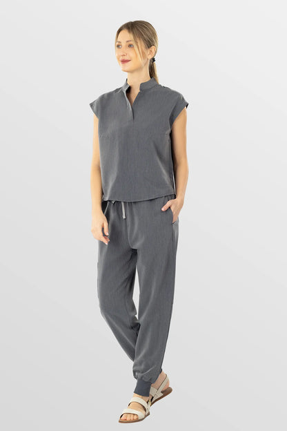 Charcoal Grey Eipnare Women's Soft Stretch V-Neck Scrub Top & Tapered Pants Set - Stretch Medical Scrubs for Women