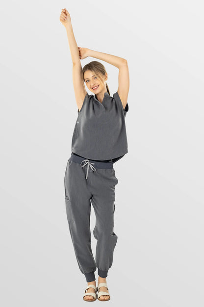Charcoal Grey Eipnare Women's Soft Stretch V-Neck Scrub Top & Tapered Pants Set - Stretch Medical Scrubs for Women