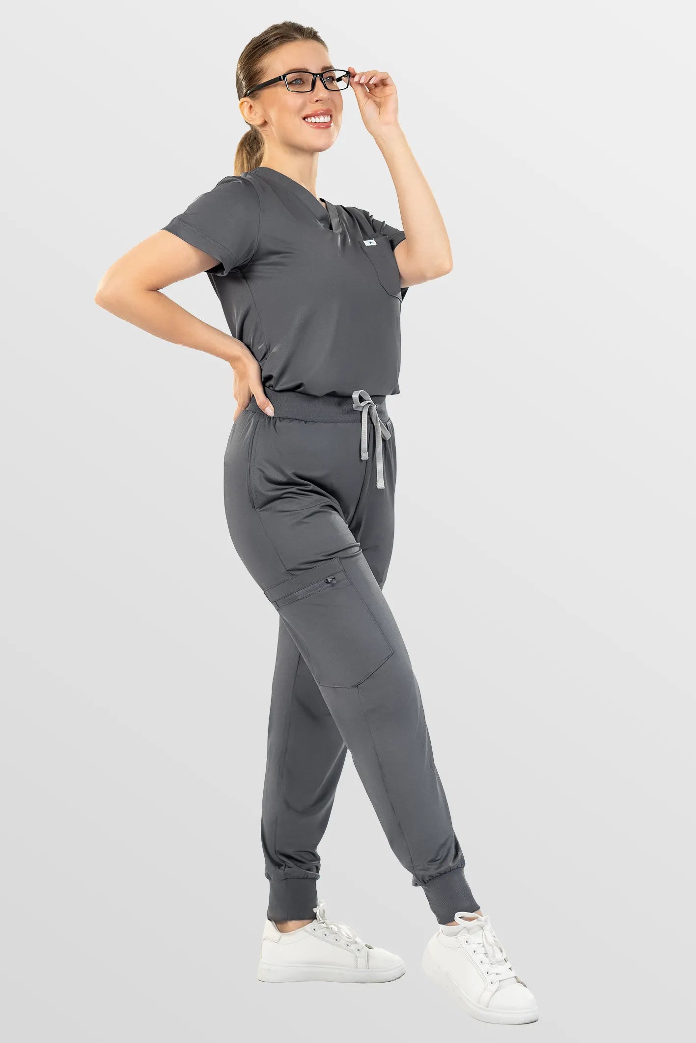 Dark Grey Eipnare Women's Soft Stretch V-Neck Scrub Top & Jogger Pants Set - Stretch Medical Scrubs for Women