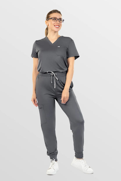 Dark Grey Eipnare Women's Soft Stretch V-Neck Scrub Top & Jogger Pants Set - Stretch Medical Scrubs for Women