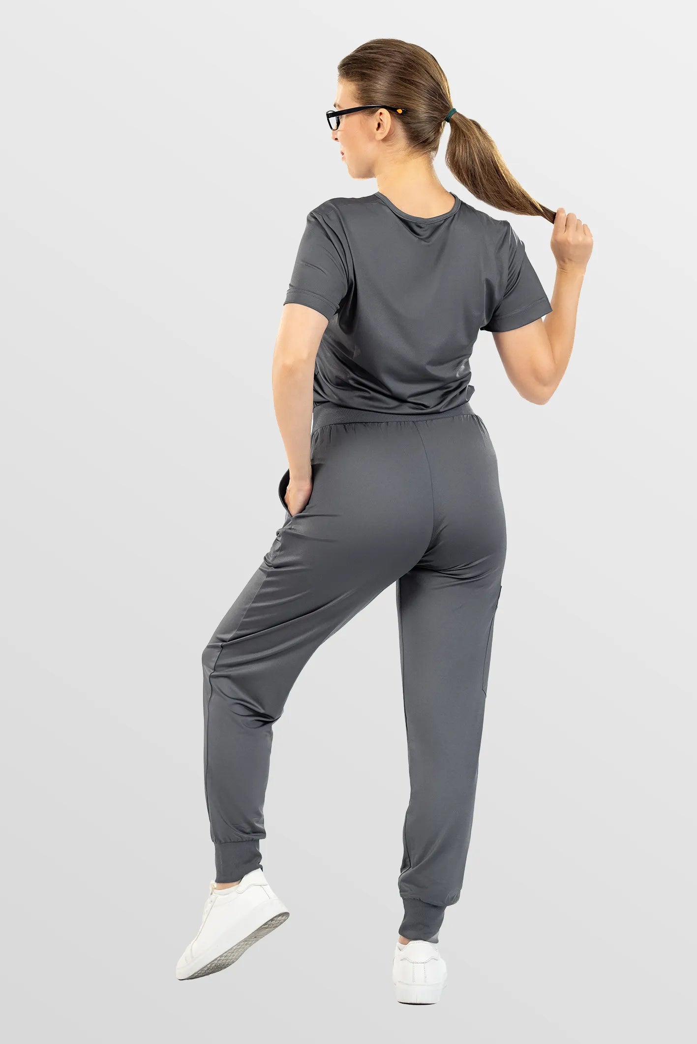 Dark Grey Eipnare Women's Soft Stretch V-Neck Scrub Top & Jogger Pants Set - Stretch Medical Scrubs for Women