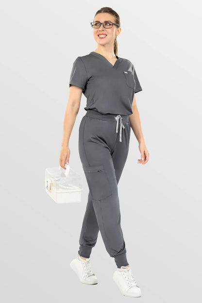 Dark Grey Eipnare Women's Soft Stretch V-Neck Scrub Top & Jogger Pants Set - Stretch Medical Scrubs for Women