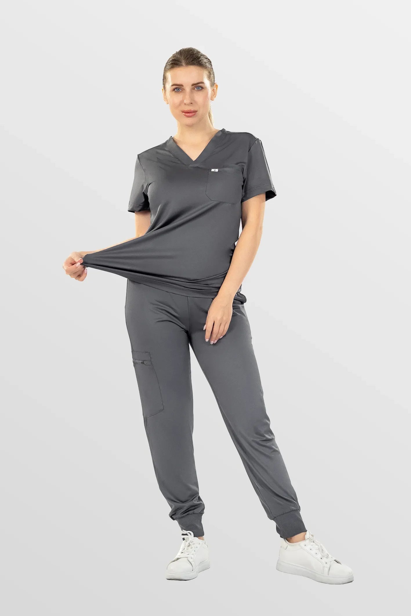 Dark Grey Eipnare Women's Soft Stretch V-Neck Scrub Top & Jogger Pants Set - Stretch Medical Scrubs for Women