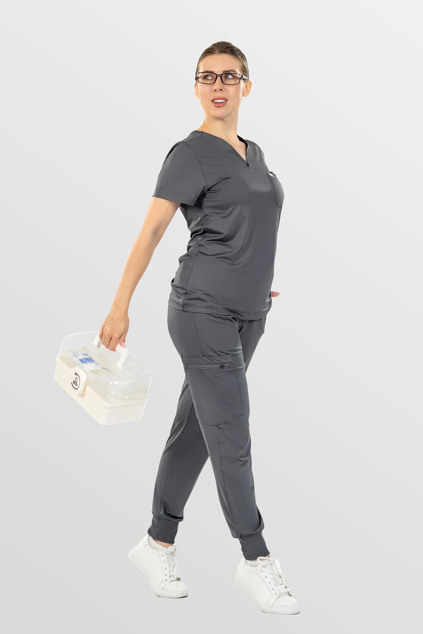 Dark Grey Eipnare Women's Soft Stretch V-Neck Scrub Top & Jogger Pants Set - Stretch Medical Scrubs for Women