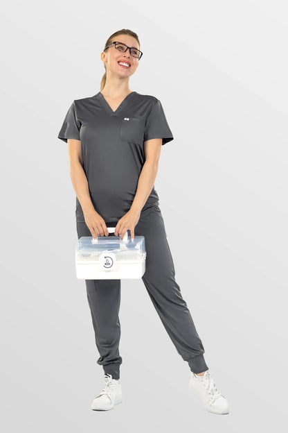 Dark Grey Eipnare Women's Soft Stretch V-Neck Scrub Top & Jogger Pants Set - Stretch Medical Scrubs for Women