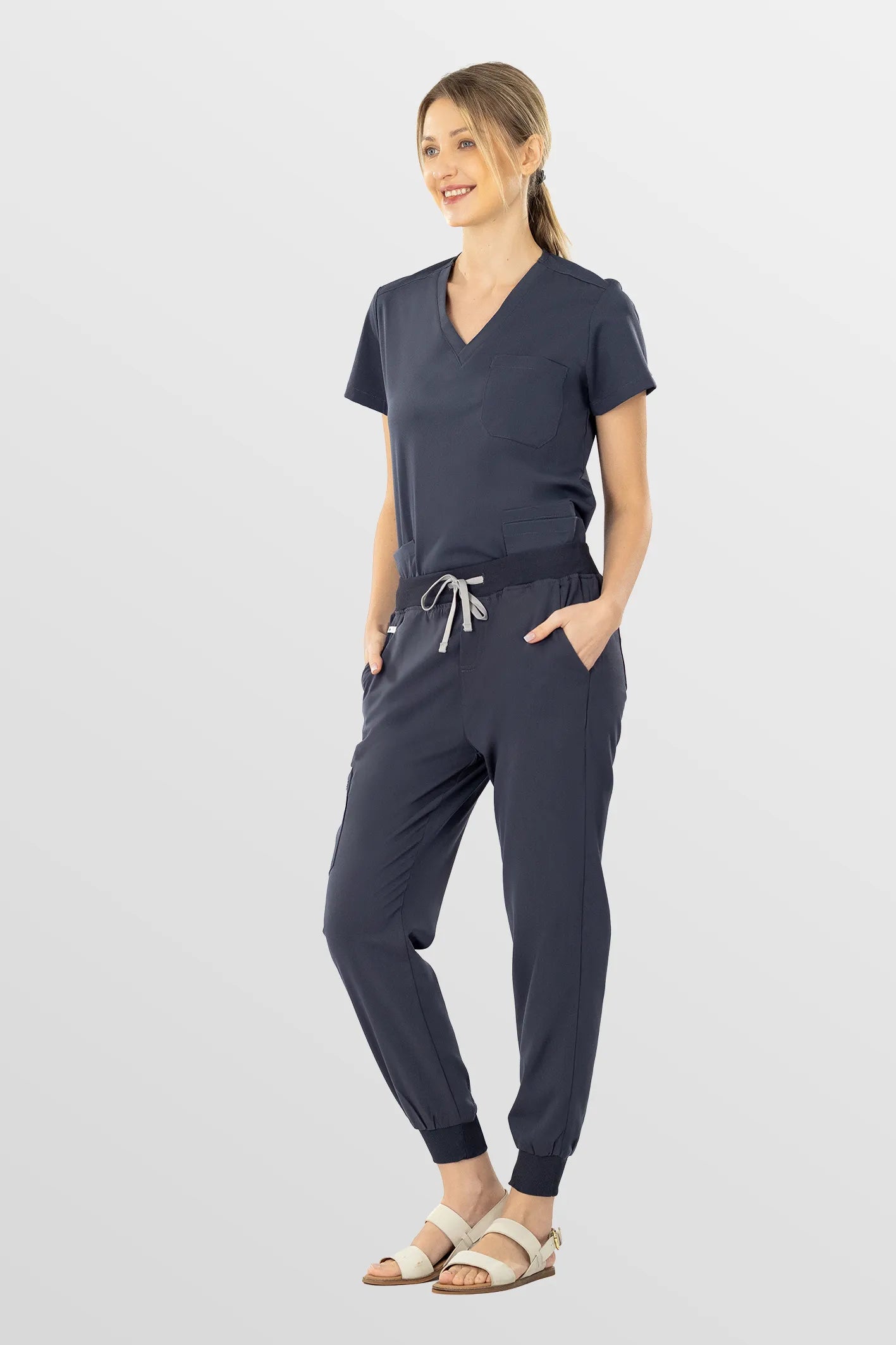 Dark Grey Eadflie Women's V-Neck 8-Pocket Jogger Scrub Set - Stretch Medical Scrubs for Women