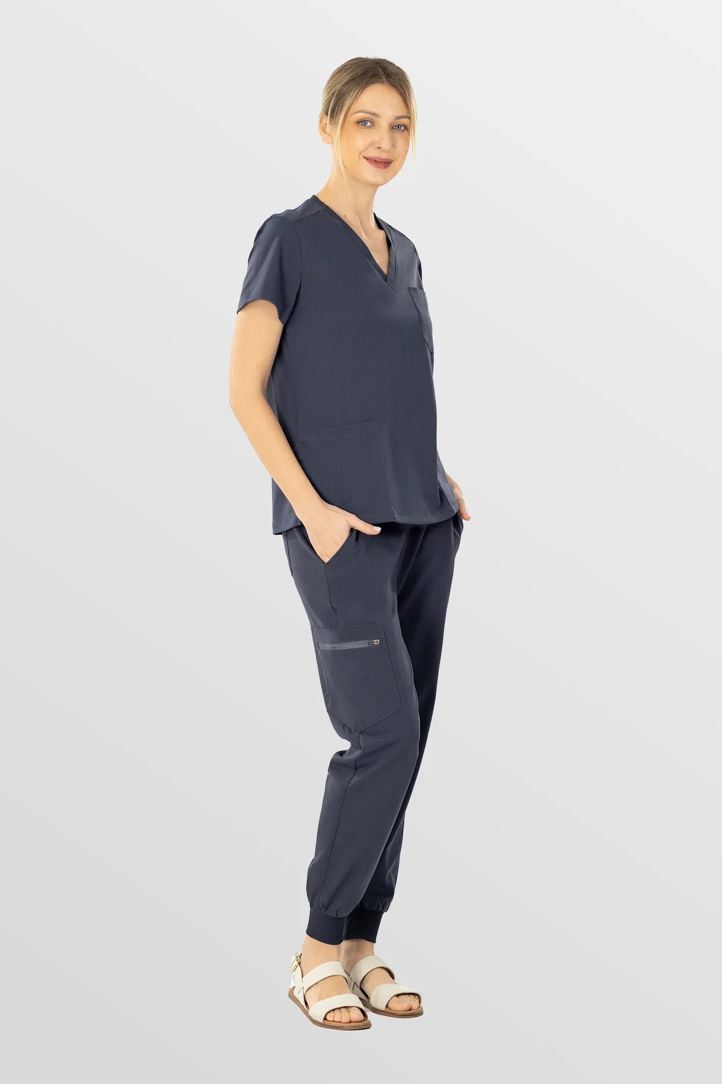 Dark Grey Eadflie Women's V-Neck 8-Pocket Jogger Scrub Set - Stretch Medical Scrubs for Women