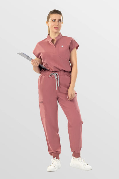 Flesh Pink Eipnare Women's Henley Collar Sleeveless Jogger Scrub Set - Stretch Medical Scrubs for Women