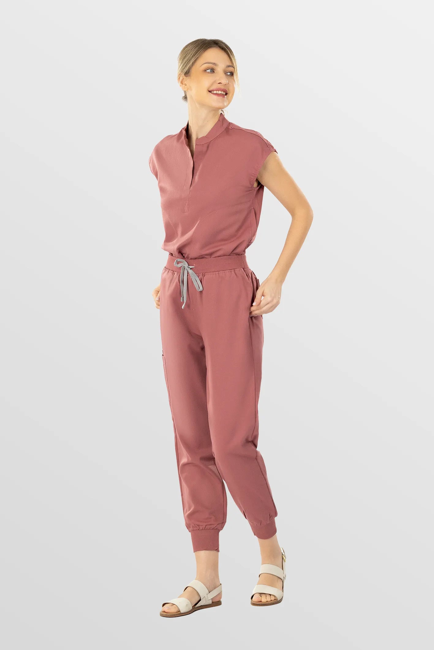 Flesh Pink Eipnare Women's Soft Stretch V-Neck Scrub Top & Tapered Pants Set - Stretch Medical Scrubs for Women
