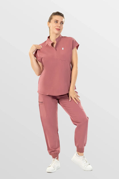 Flesh Pink Eipnare Women's Henley Collar Sleeveless Jogger Scrub Set - Stretch Medical Scrubs for Women