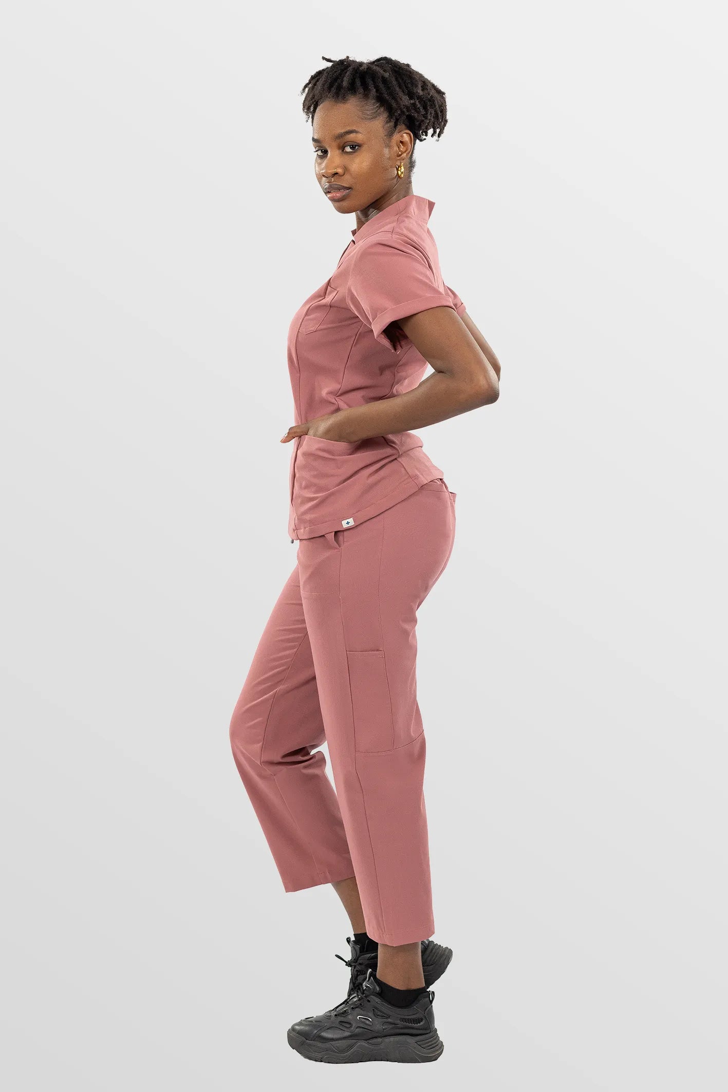 Flesh Pink Eipnare Women's V-Neck Split 9-Pocket Slim Fit Scrub Set - Stretch Medical Scrubs for Women