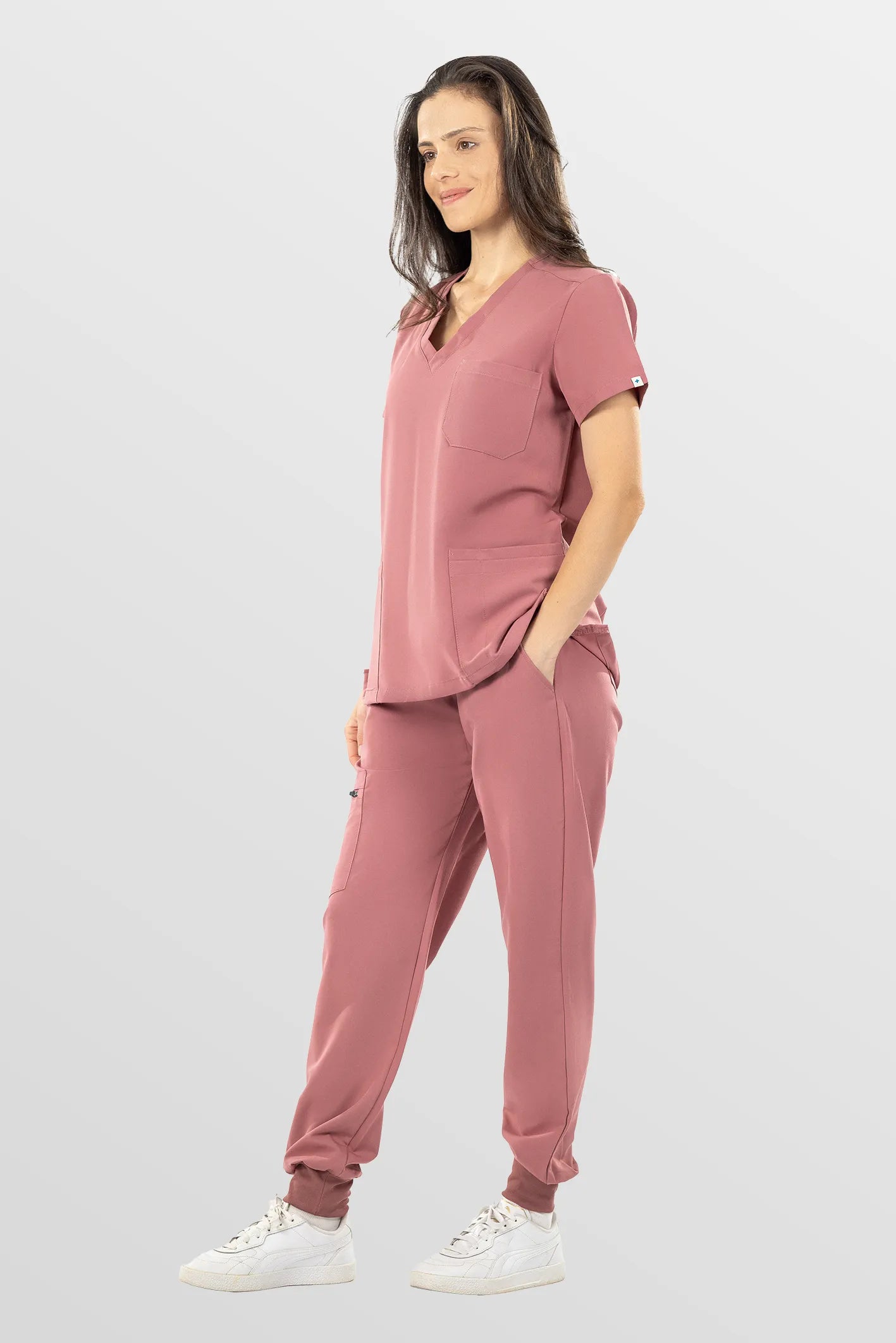 Flesh Pink Eipnare Women's V-Neck 8-Pocket Jogger Scrub Set - Stretch Medical Scrubs for Women