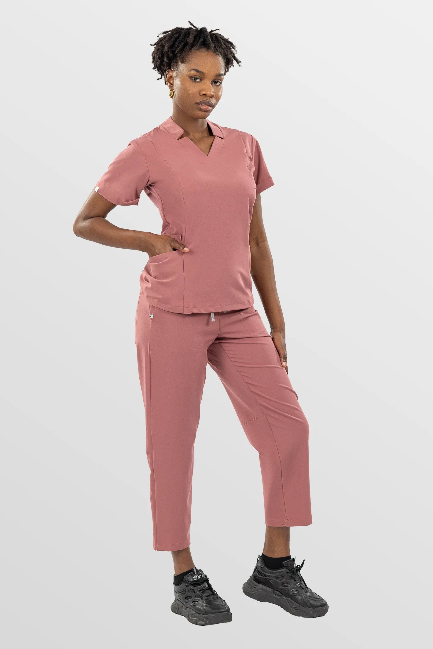 Flesh Pink Eipnare Women's V-Neck Split 9-Pocket Slim Fit Scrub Set - Stretch Medical Scrubs for Women