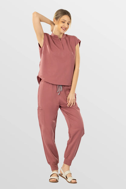Flesh Pink Eipnare Women's Soft Stretch V-Neck Scrub Top & Tapered Pants Set - Stretch Medical Scrubs for Women