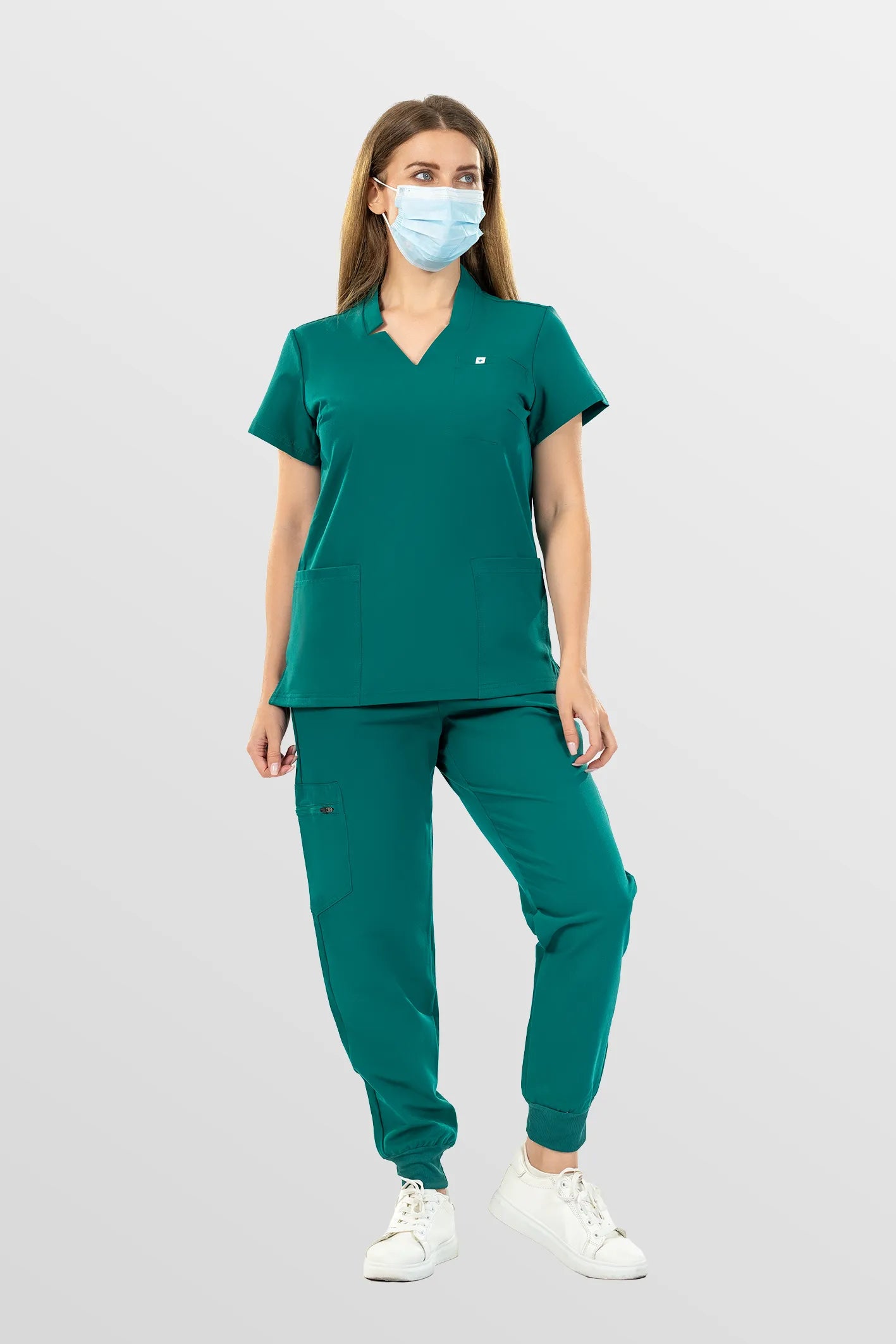 Green Eipnare Women's Notch Neck Cargo Jogger Scrub Set - Stretch Medical Scrubs for Women