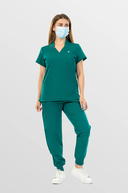 Green Eipnare Women's Notch Neck Cargo Jogger Scrub Set - Stretch Medical Scrubs for Women