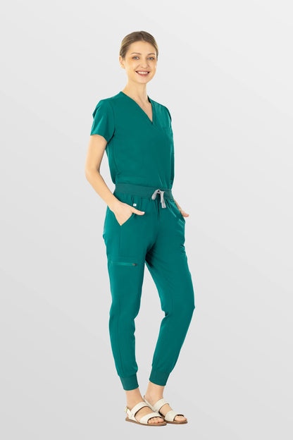 Green Eadflie Women's V-Neck 8-Pocket Jogger Scrub Set - Stretch Medical Scrubs for Women