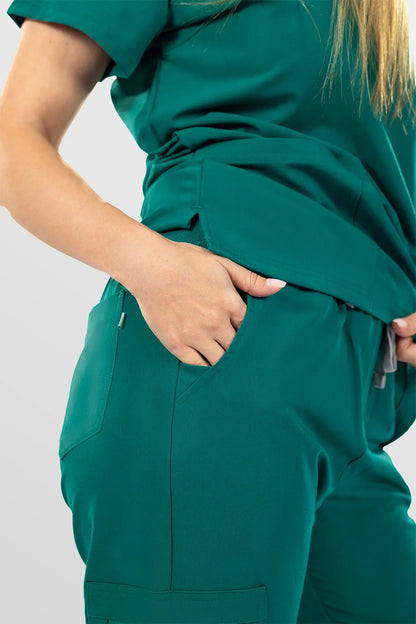 Green Eipnare Women's Notch Neck Cargo Jogger Scrub Set - Stretch Medical Scrubs for Women