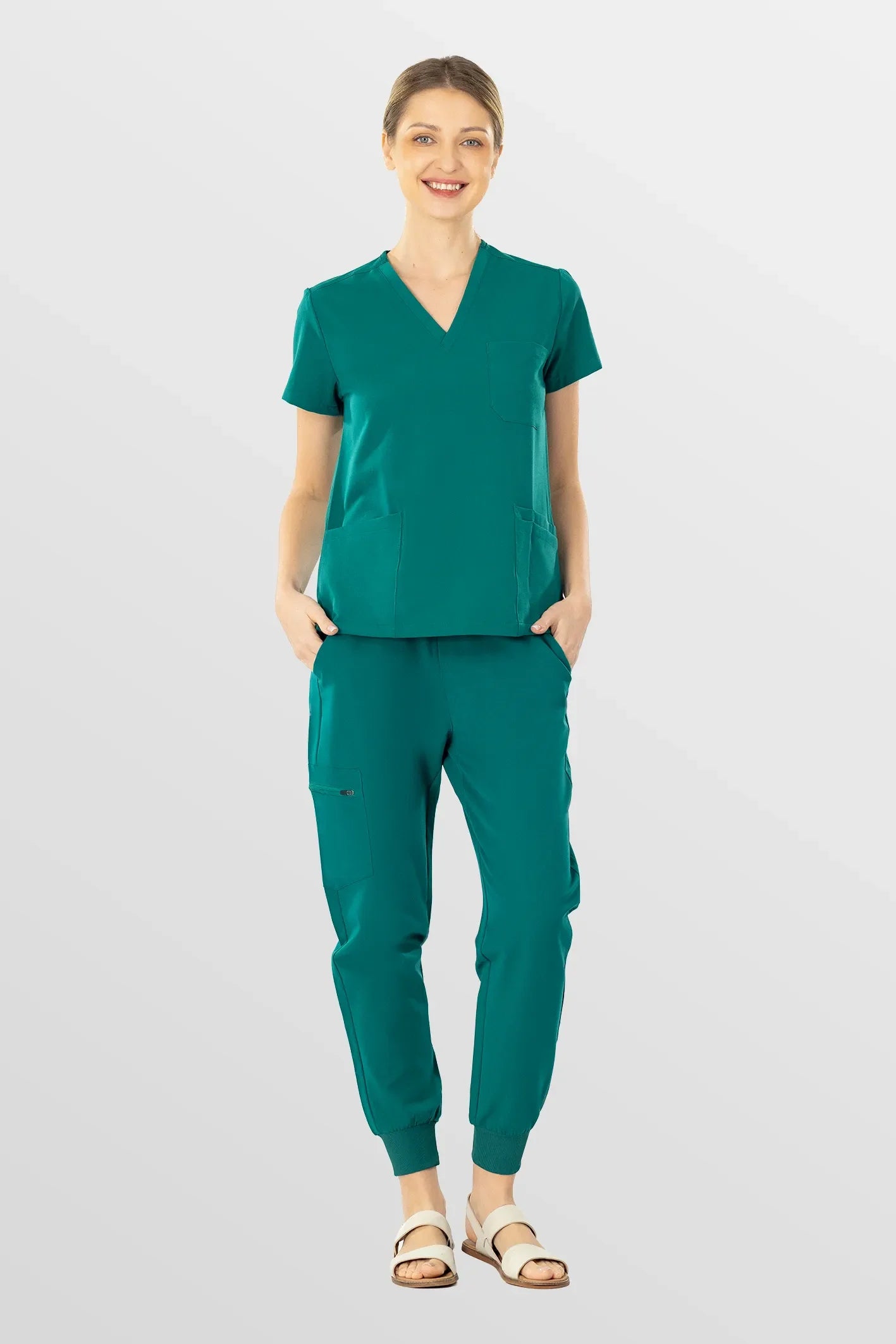 Green Eadflie Women's V-Neck 8-Pocket Jogger Scrub Set - Stretch Medical Scrubs for Women